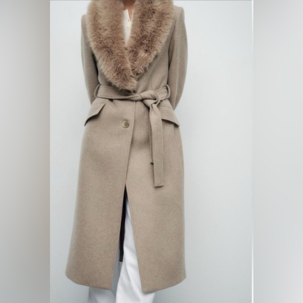 Zara Beige Fur-Trimmed Coat - Picture 10 of 16